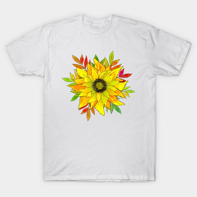 Sunflower and Autumn Leafs T-Shirt by Designs by Ira